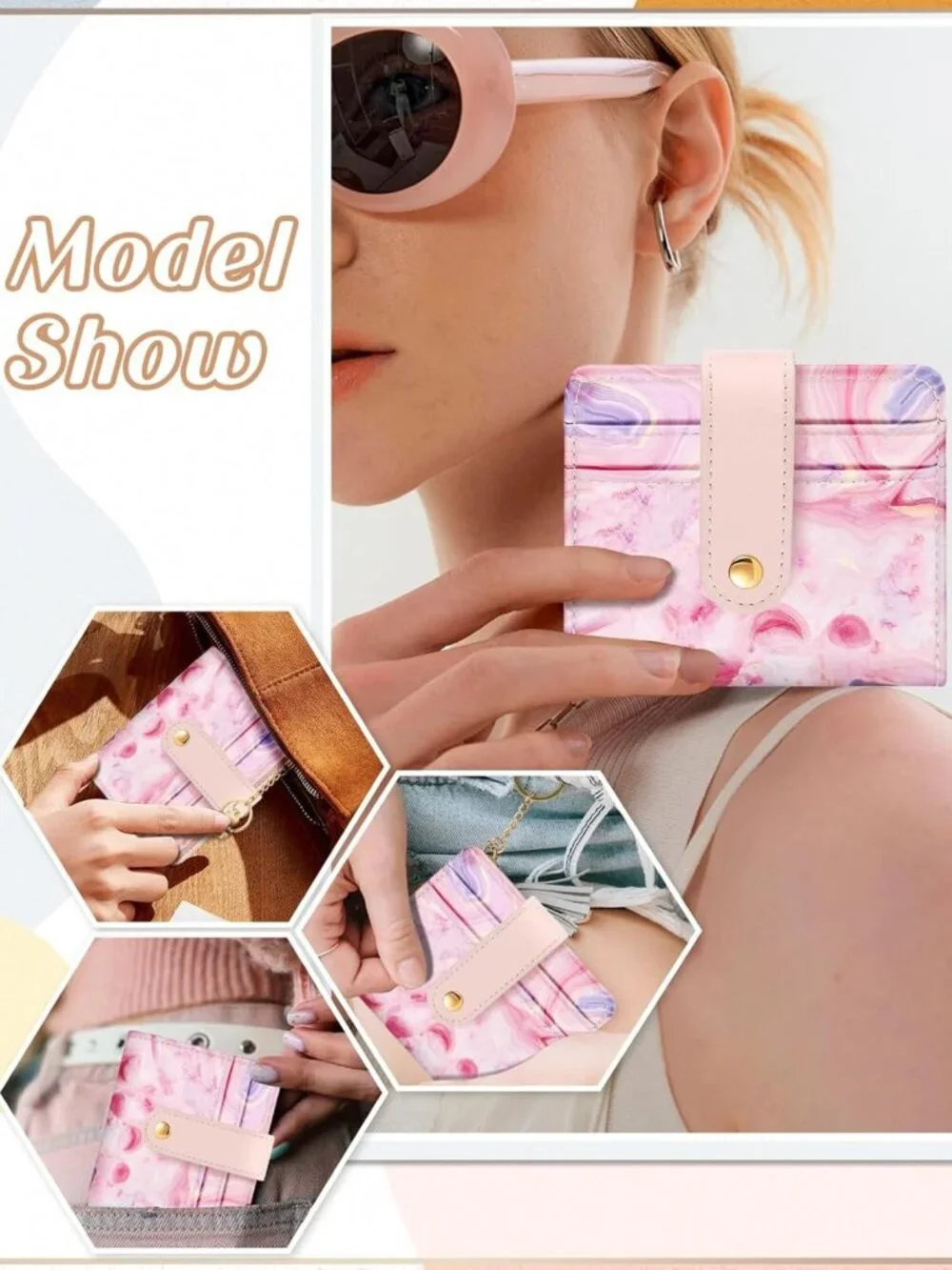 Chic Pink Agate Small Card Wallet with Keychain for Women - Stylish & Functional